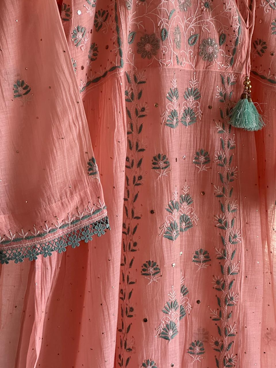 Pastel Peach Shade Malmal Mukaish Kamdani Chikankari Angarkha