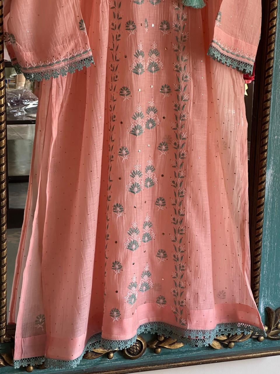 Pastel Peach Shade Malmal Mukaish Kamdani Chikankari Angarkha