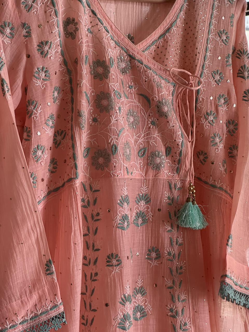 Pastel Peach Shade Malmal Mukaish Kamdani Chikankari Angarkha