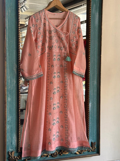 Pastel Peach Shade Malmal Mukaish Kamdani Chikankari Angarkha