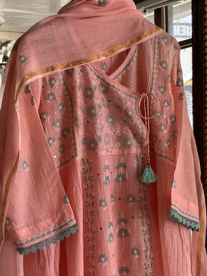 Pastel Peach Shade Malmal Mukaish Kamdani Chikankari Angarkha