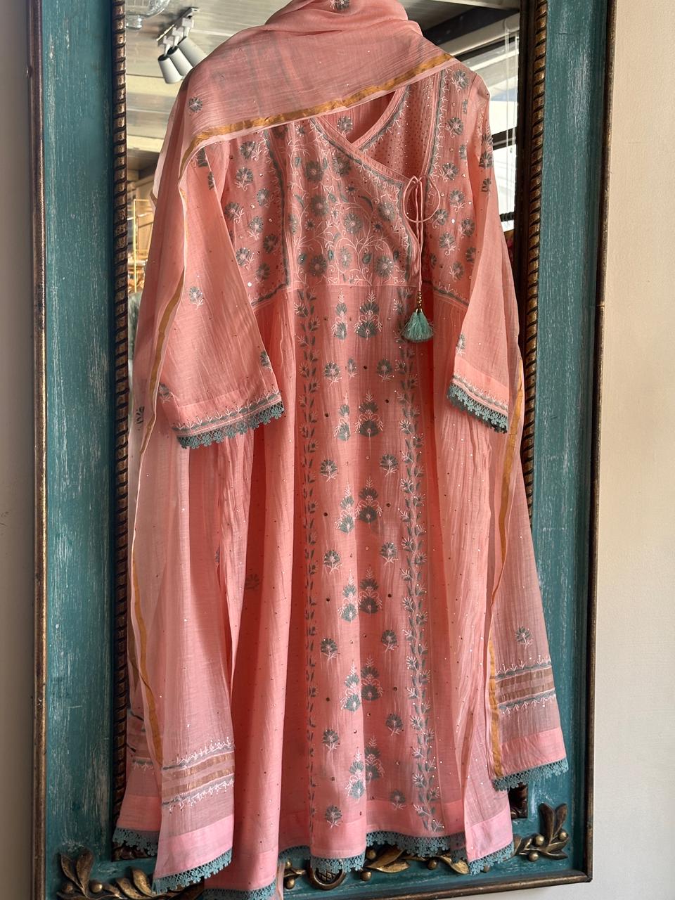 Pastel Peach Shade Malmal Mukaish Kamdani Chikankari Angarkha
