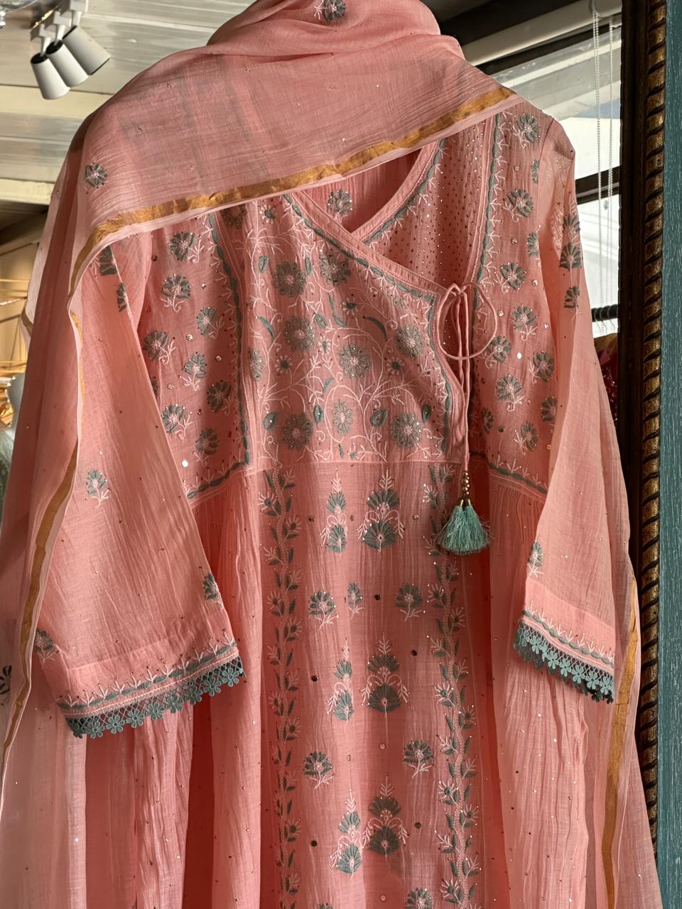 Pastel Peach Shade Malmal Mukaish Kamdani Chikankari Angarkha