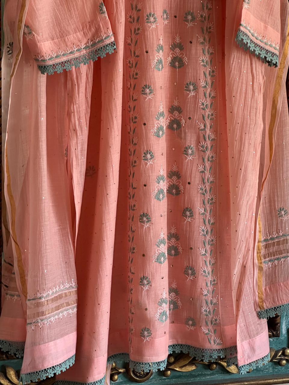 Pastel Peach Shade Malmal Mukaish Kamdani Chikankari Angarkha