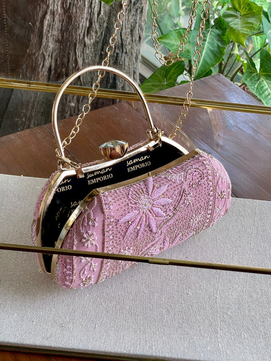 Pastel Pink Chikankari With Ari Work Sling Clutch