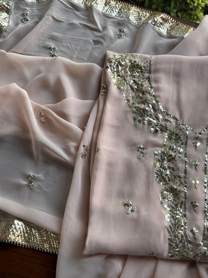 Pastel Pink Mukaish Badla Pure Georgette Kurta Set