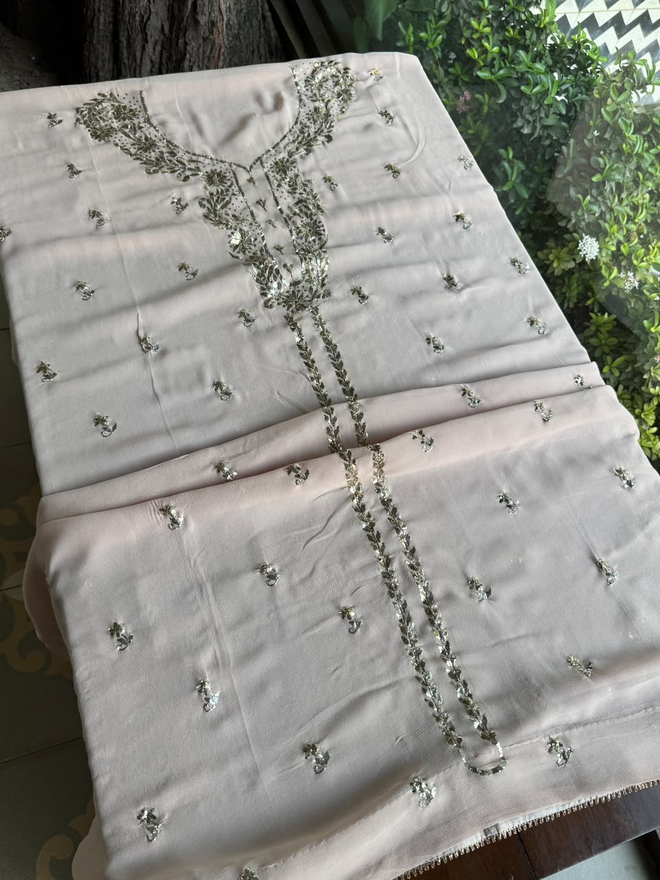 Pastel Pink Mukaish Badla Pure Georgette Kurta Set