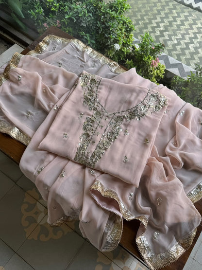 Pastel Pink Mukaish Badla Pure Georgette Kurta Set