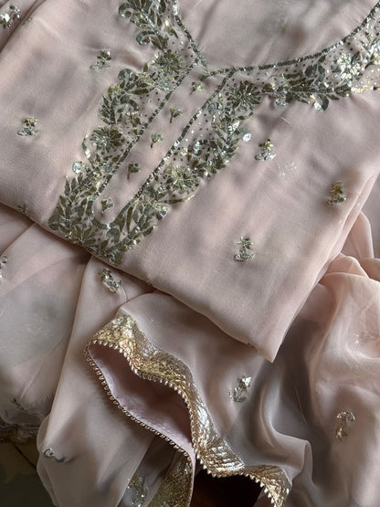 Pastel Pink Mukaish Badla Pure Georgette Kurta Set