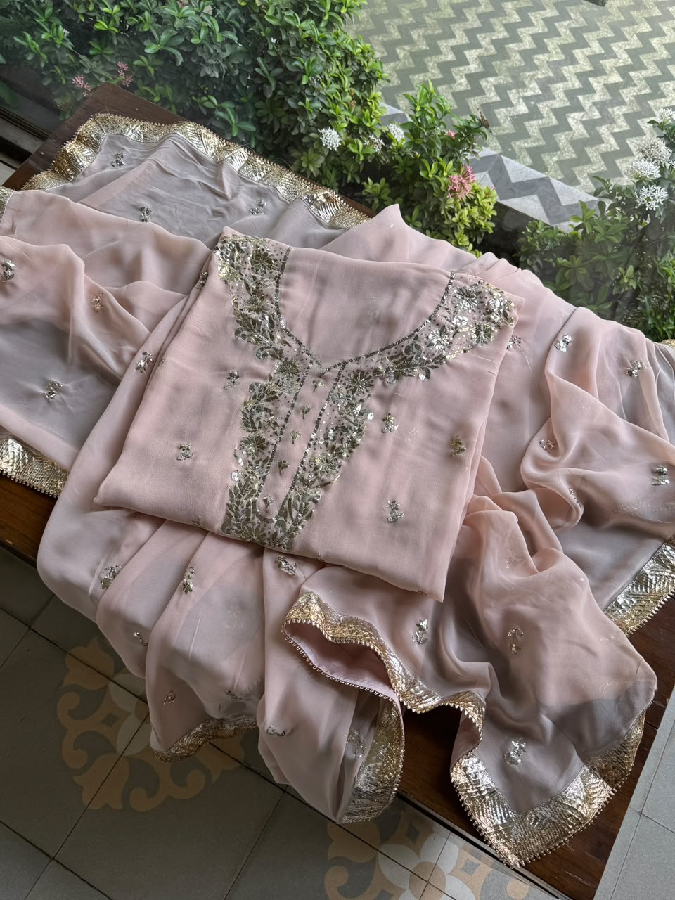 Pastel Pink Mukaish Badla Pure Georgette Kurta Set