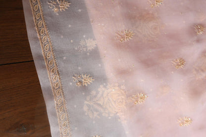 Pastel Pink Noor Organza Silk Chikankari Unstitched Kurta Dupatta Set