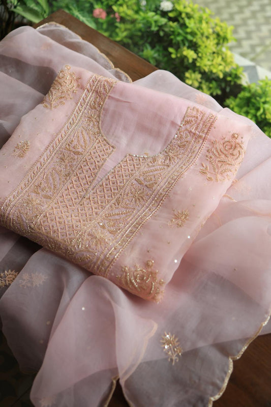 Pastel Pink Noor Organza Silk Chikankari Unstitched Kurta Dupatta Set