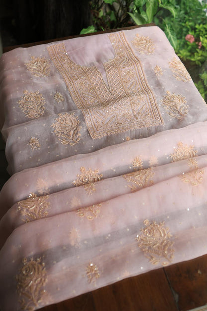 Pastel Pink Noor Organza Silk Chikankari Unstitched Kurta Dupatta Set