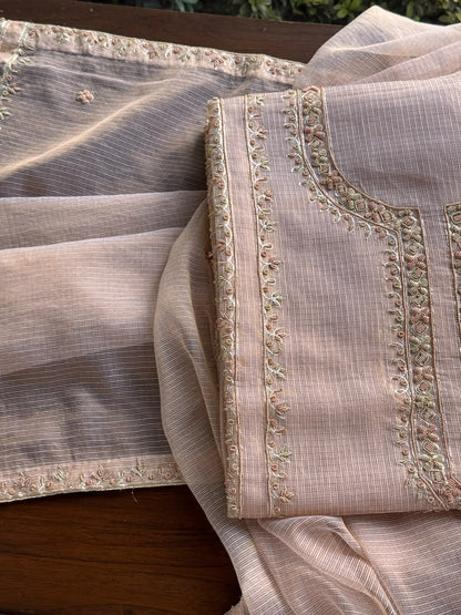 Pastel Pink Shade Shade Tissue Kota Chikankari Unstitched Fabric