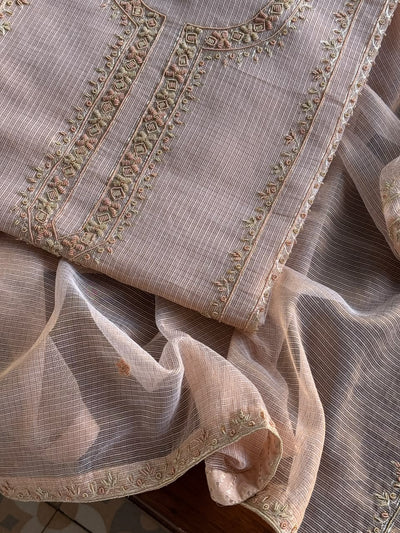 Pastel Pink Shade Shade Tissue Kota Chikankari Unstitched Fabric