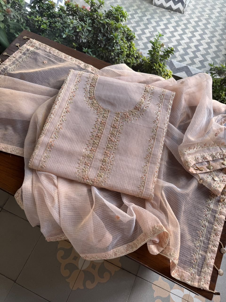 Pastel Pink Shade Shade Tissue Kota Chikankari Unstitched Fabric