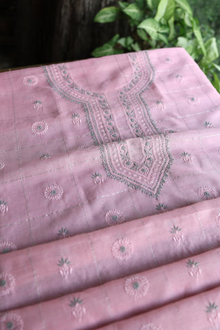 Pastel Pink Shade Tissue Zari Kota Chikankari Unstitched Fabric