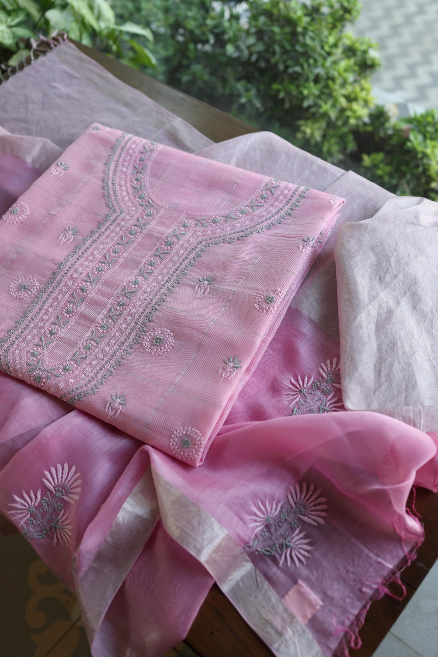 Pastel Pink Shade Tissue Zari Kota Chikankari Unstitched Fabric