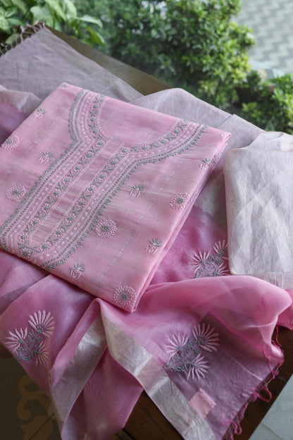 Pastel Pink Shade Tissue Zari Kota Chikankari Unstitched Fabric