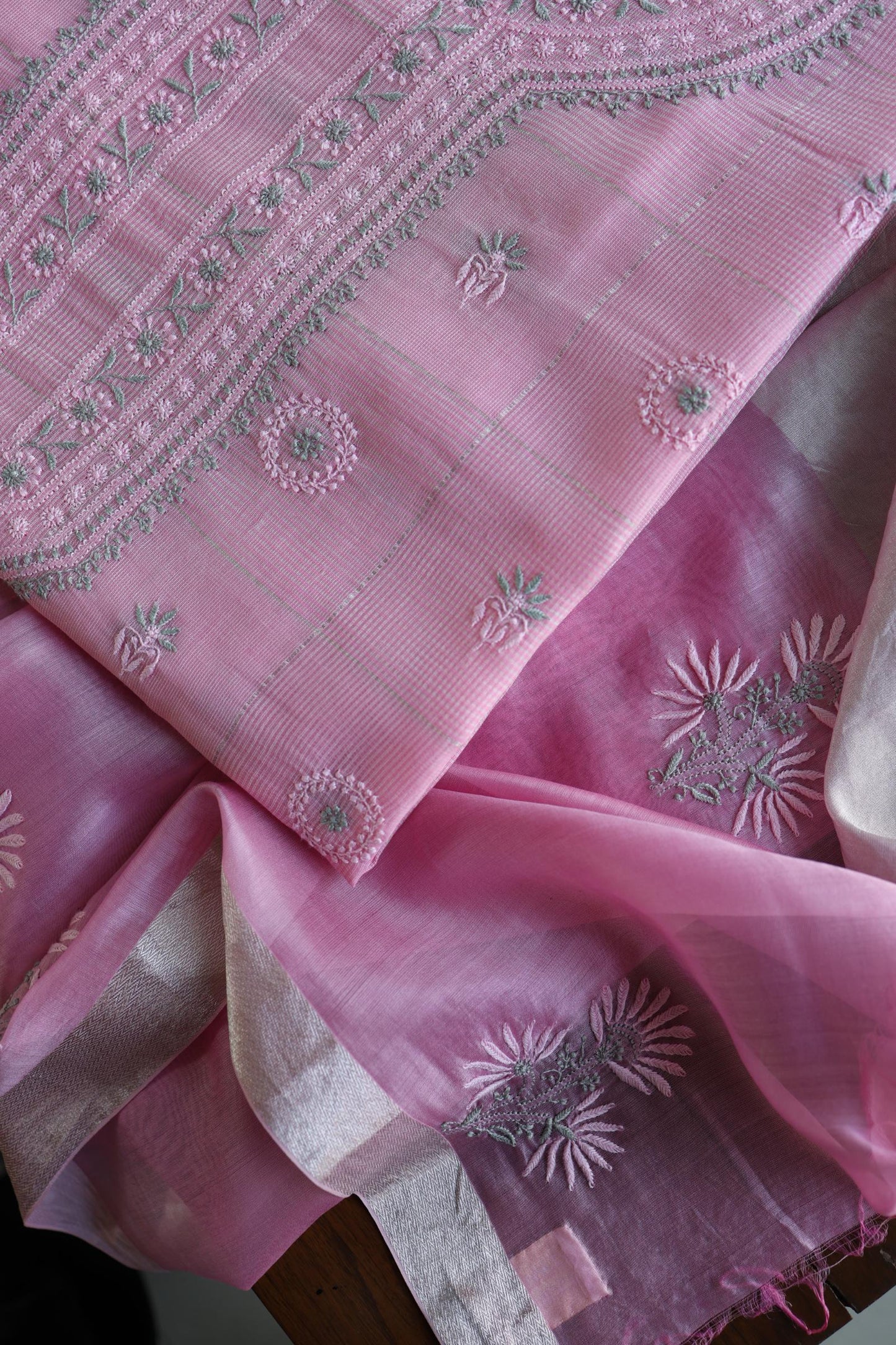 Pastel Pink Shade Tissue Zari Kota Chikankari Unstitched Fabric