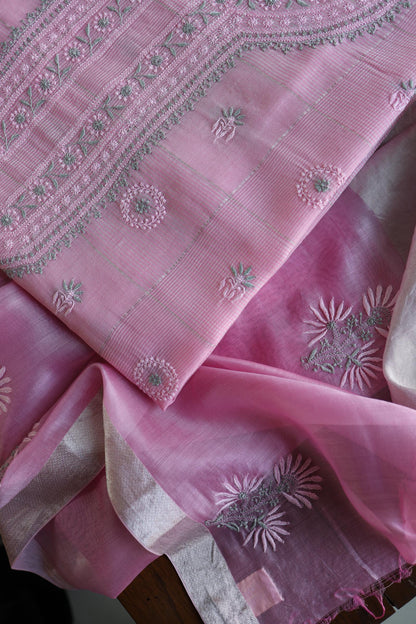 Pastel Pink Shade Tissue Zari Kota Chikankari Unstitched Fabric