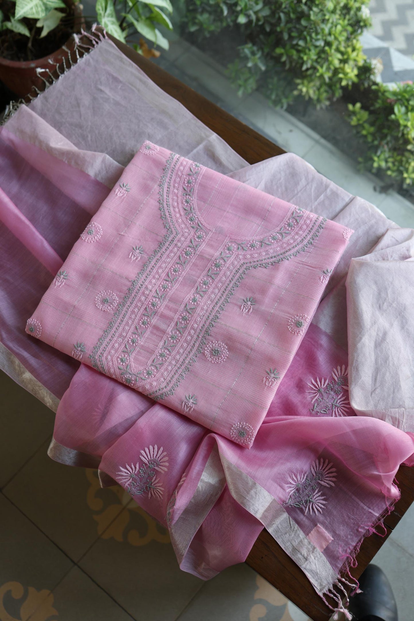 Pastel Pink Shade Tissue Zari Kota Chikankari Unstitched Fabric