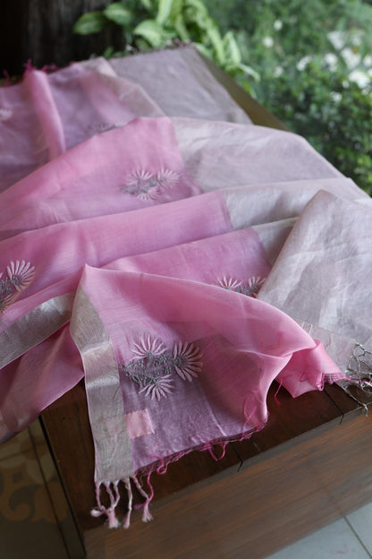 Pastel Pink Shade Tissue Zari Kota Chikankari Unstitched Fabric