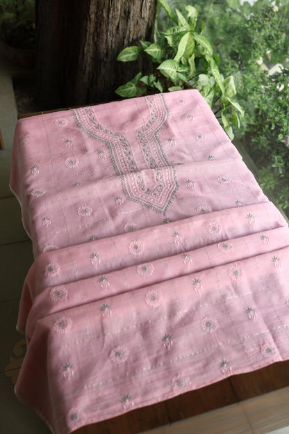 Pastel Pink Shade Tissue Zari Kota Chikankari Unstitched Fabric