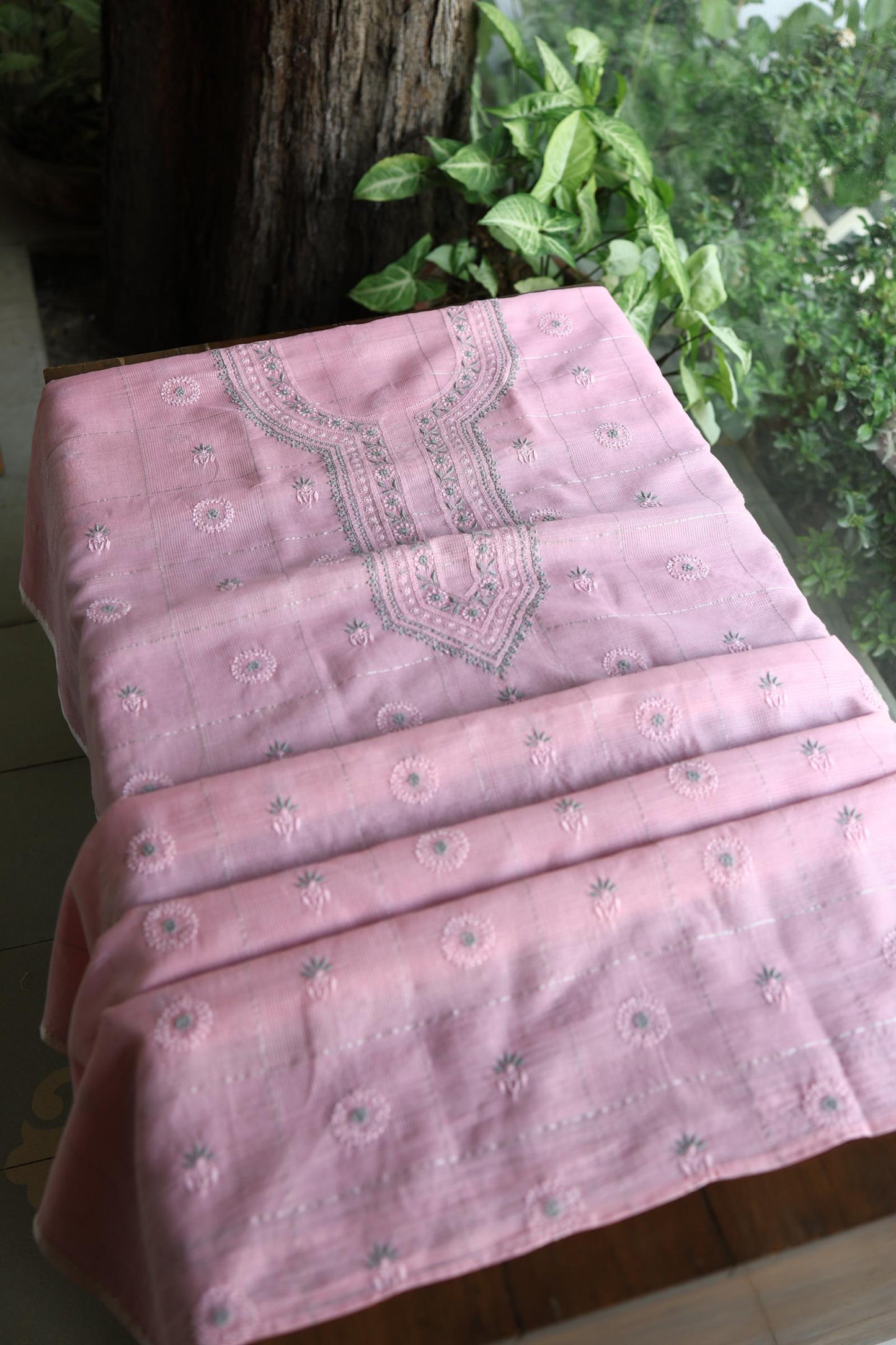 Pastel Pink Shade Tissue Zari Kota Chikankari Unstitched Fabric