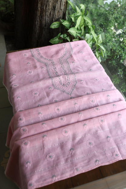 Pastel Pink Shade Tissue Zari Kota Chikankari Unstitched Fabric