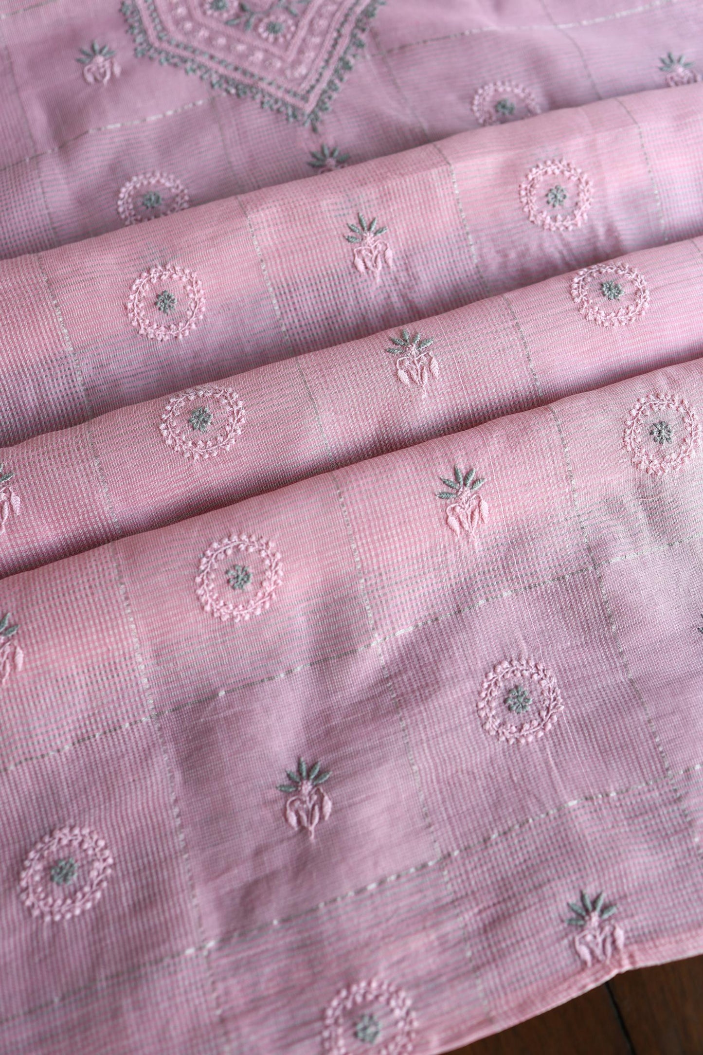 Pastel Pink Shade Tissue Zari Kota Chikankari Unstitched Fabric