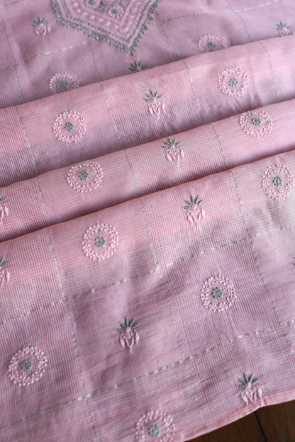 Pastel Pink Shade Tissue Zari Kota Chikankari Unstitched Fabric