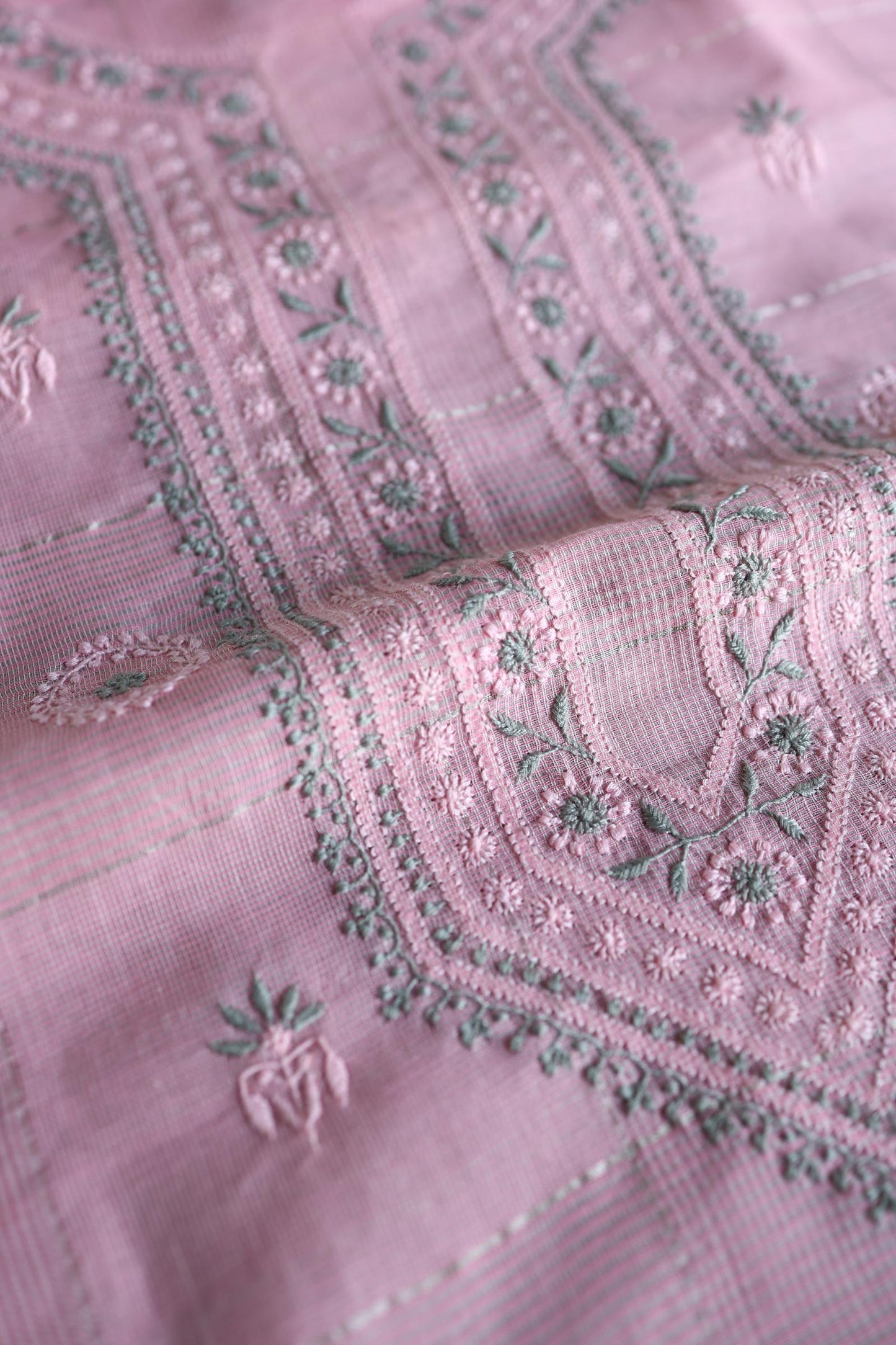 Pastel Pink Shade Tissue Zari Kota Chikankari Unstitched Fabric