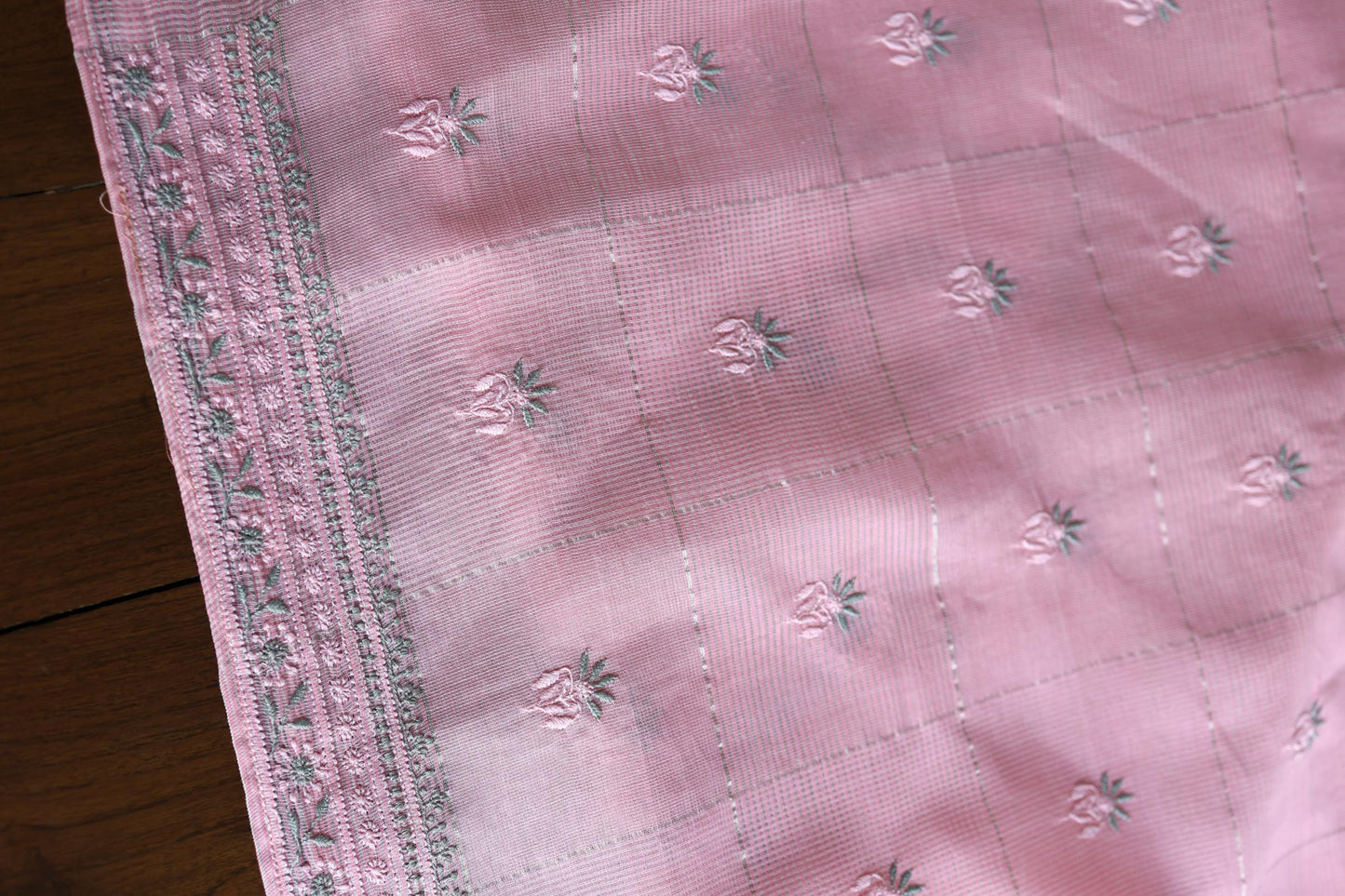 Pastel Pink Shade Tissue Zari Kota Chikankari Unstitched Fabric