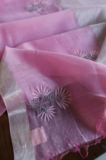 Pastel Pink Shade Tissue Zari Kota Chikankari Unstitched Fabric