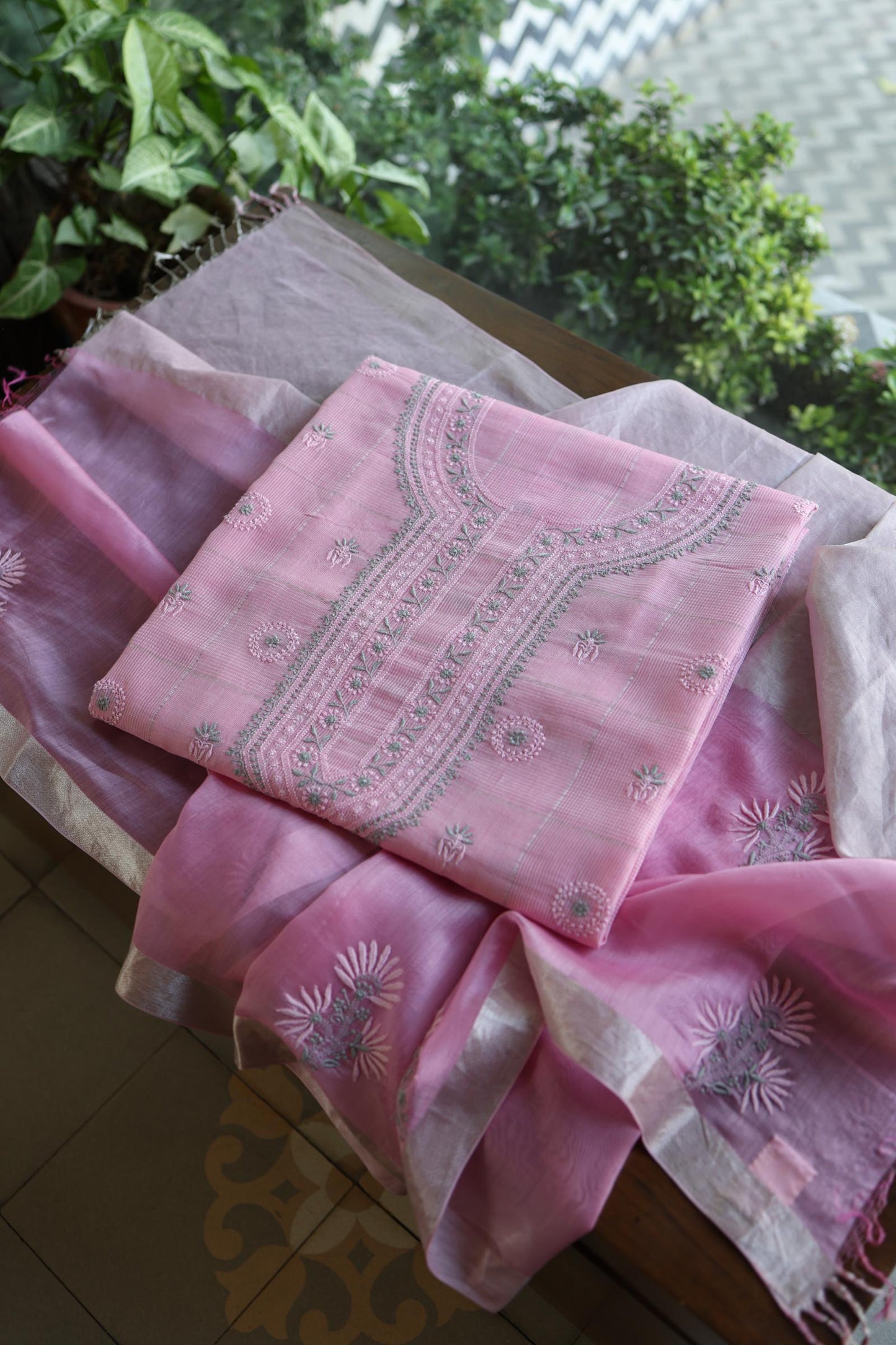 Pastel Pink Shade Tissue Zari Kota Chikankari Unstitched Fabric