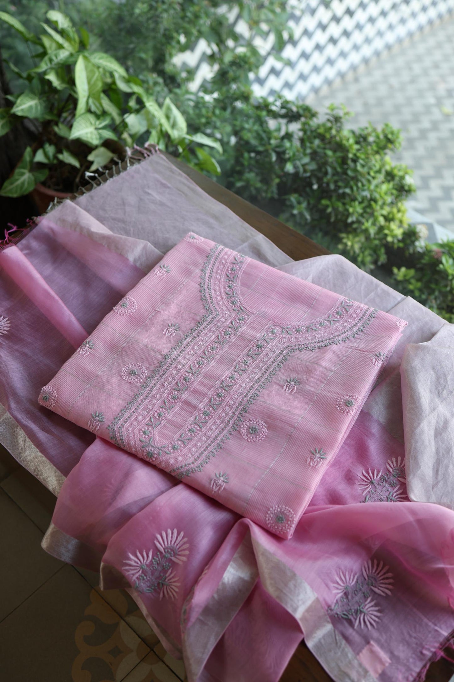 Pastel Pink Shade Tissue Zari Kota Chikankari Unstitched Fabric