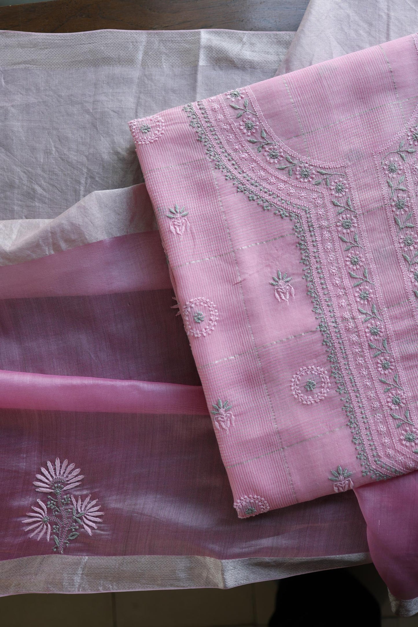 Pastel Pink Shade Tissue Zari Kota Chikankari Unstitched Fabric