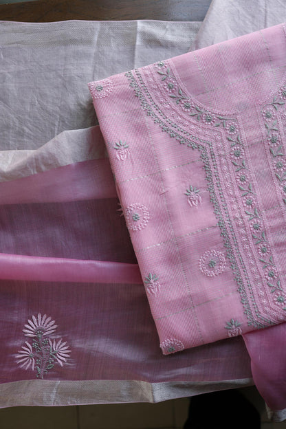 Pastel Pink Shade Tissue Zari Kota Chikankari Unstitched Fabric