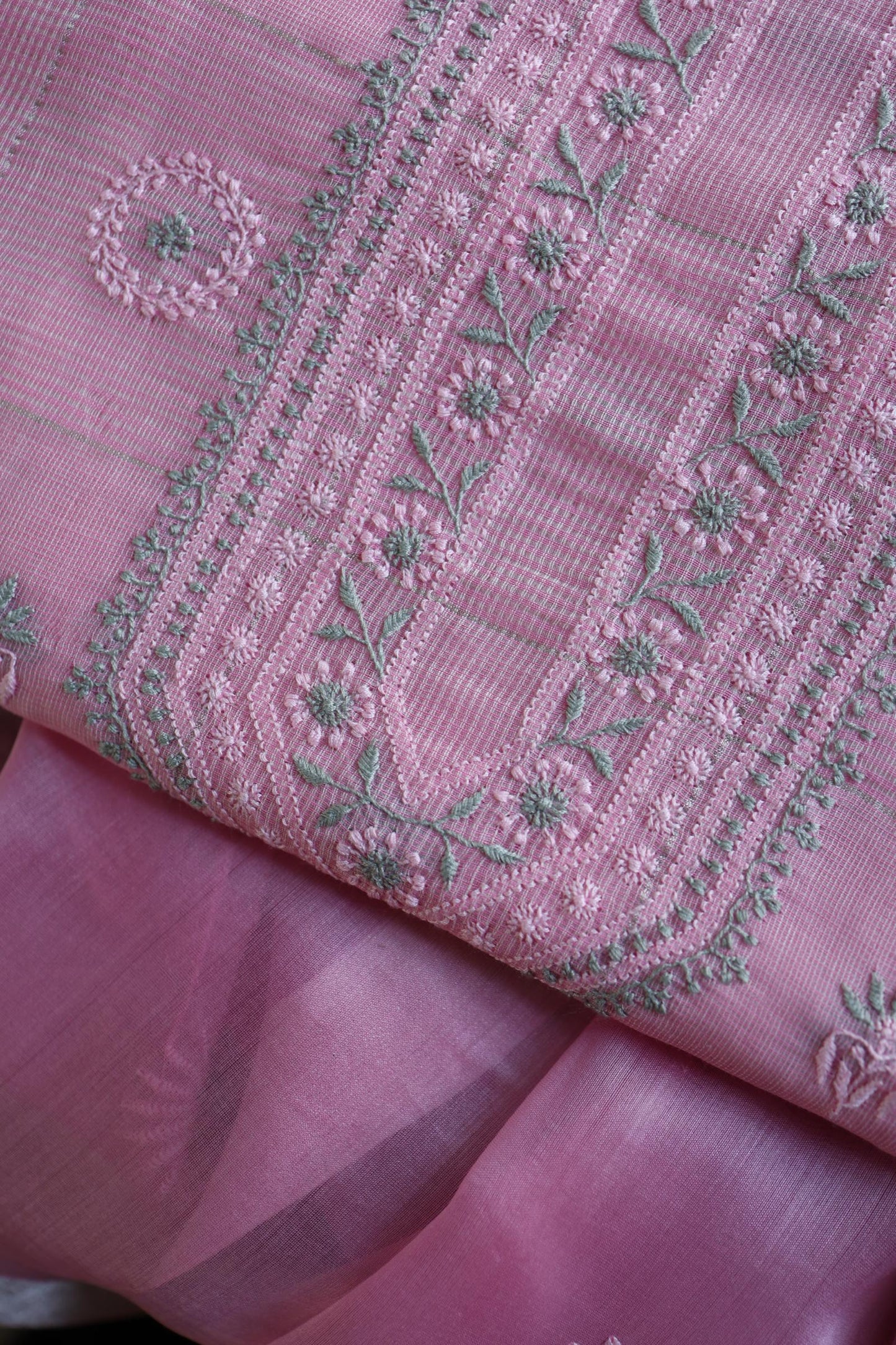 Pastel Pink Shade Tissue Zari Kota Chikankari Unstitched Fabric