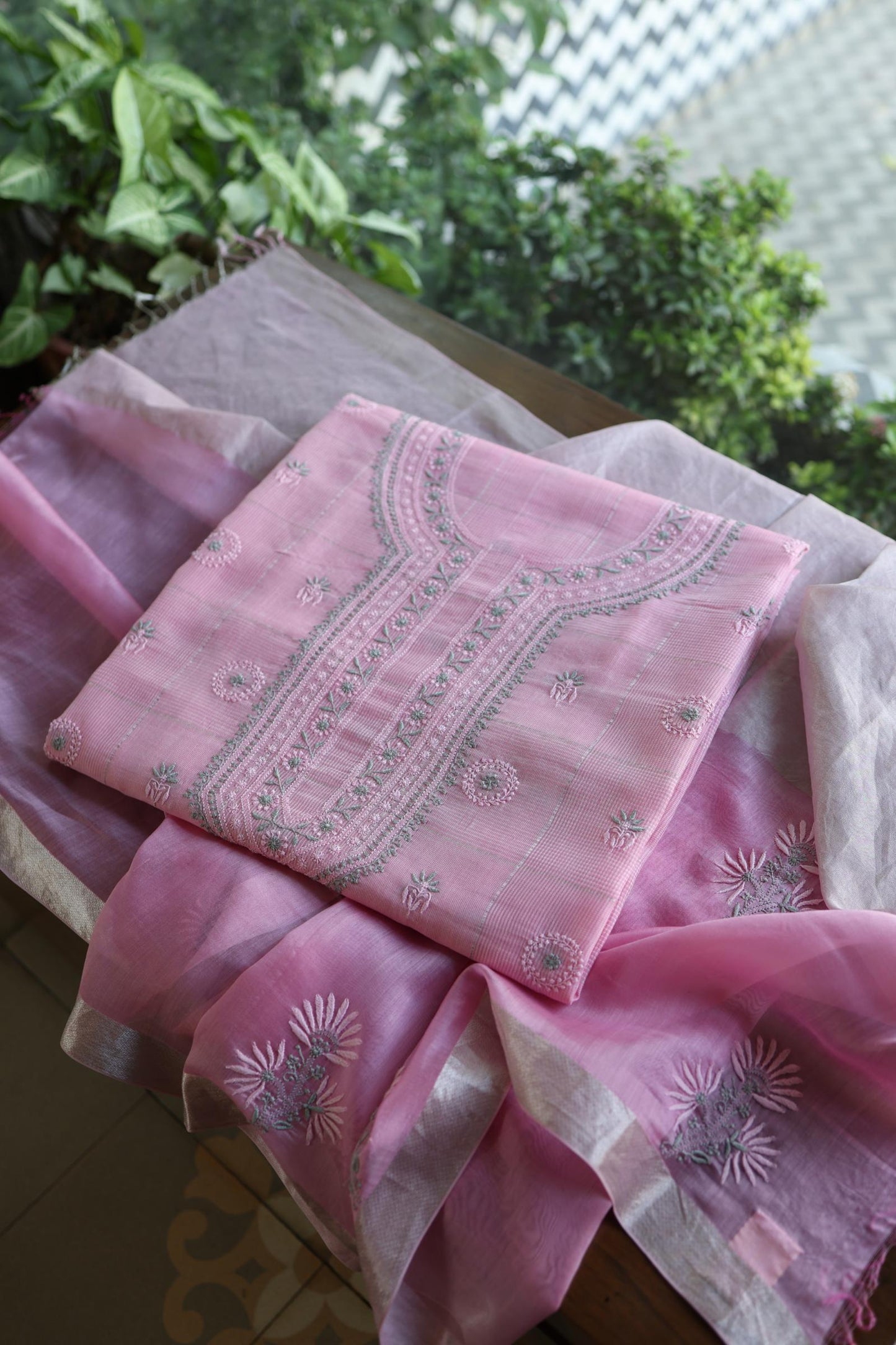 Pastel Pink Shade Tissue Zari Kota Chikankari Unstitched Fabric