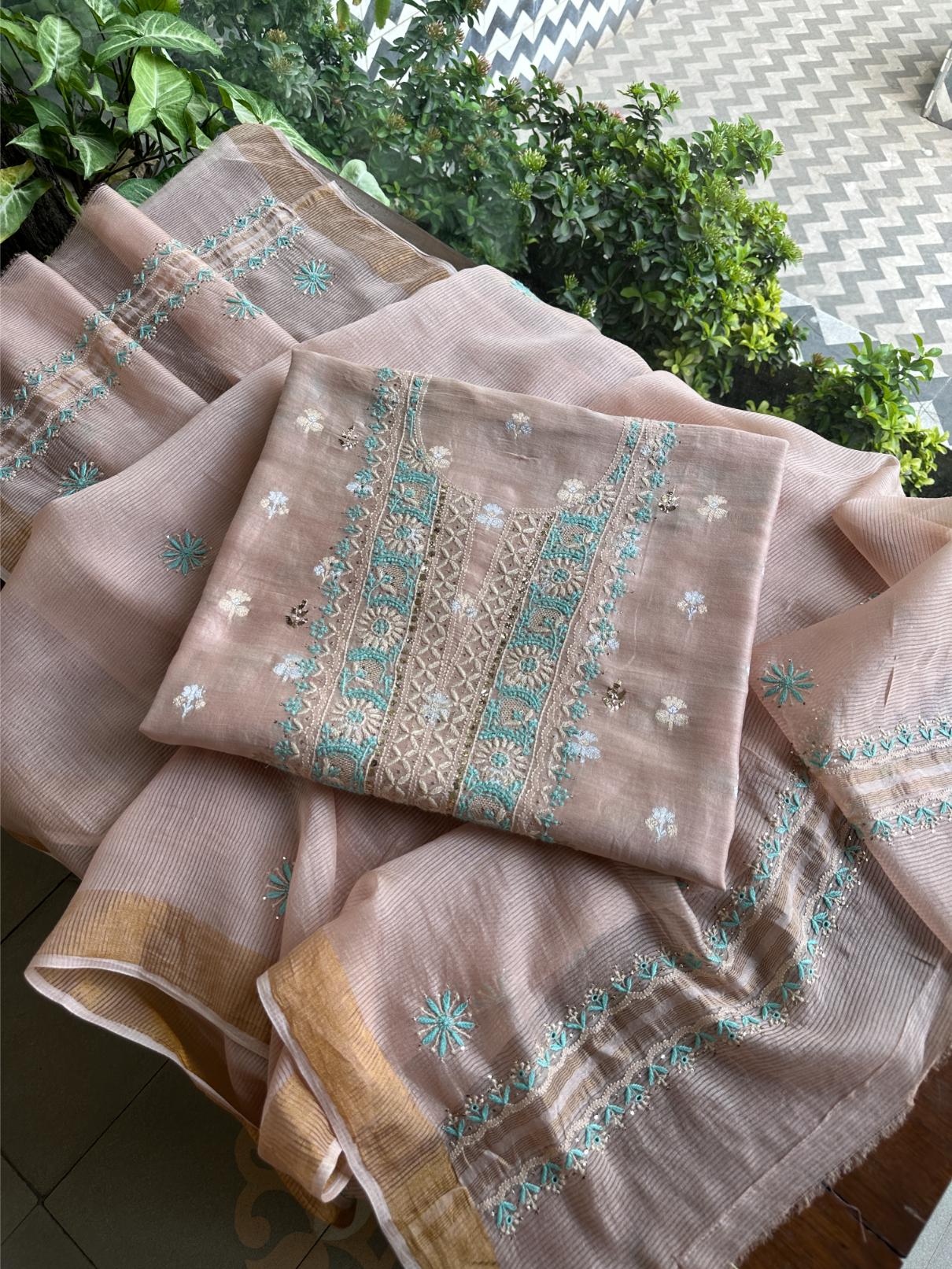 Pastel Pink Shade Zari Booti Fine Chikankari With Kamdani Work Unstitched Fabric