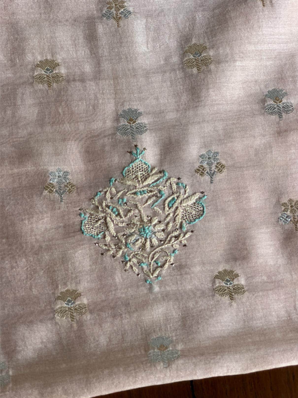 Pastel Pink Shade Zari Booti Fine Chikankari With Kamdani Work Unstitched Fabric