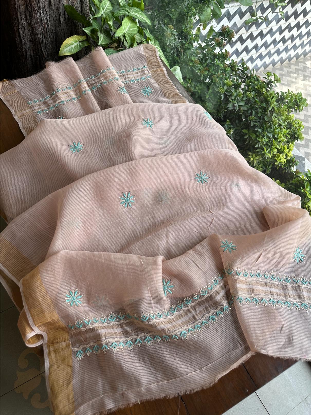 Pastel Pink Shade Zari Booti Fine Chikankari With Kamdani Work Unstitched Fabric