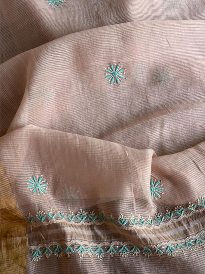 Pastel Pink Shade Zari Booti Fine Chikankari With Kamdani Work Unstitched Fabric