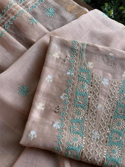 Pastel Pink Shade Zari Booti Fine Chikankari With Kamdani Work Unstitched Fabric