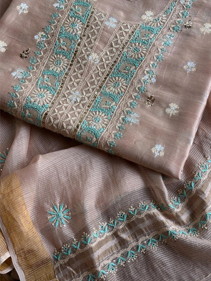 Pastel Pink Shade Zari Booti Fine Chikankari With Kamdani Work Unstitched Fabric
