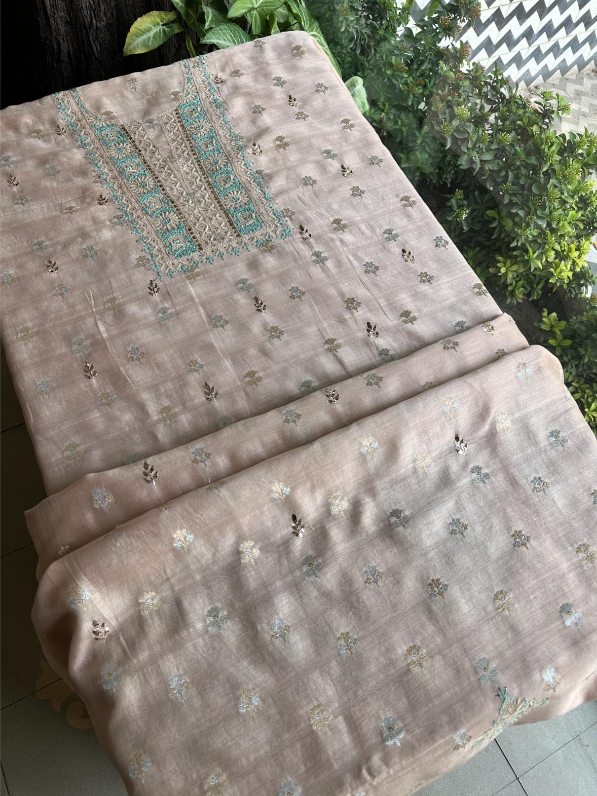 Pastel Pink Shade Zari Booti Fine Chikankari With Kamdani Work Unstitched Fabric
