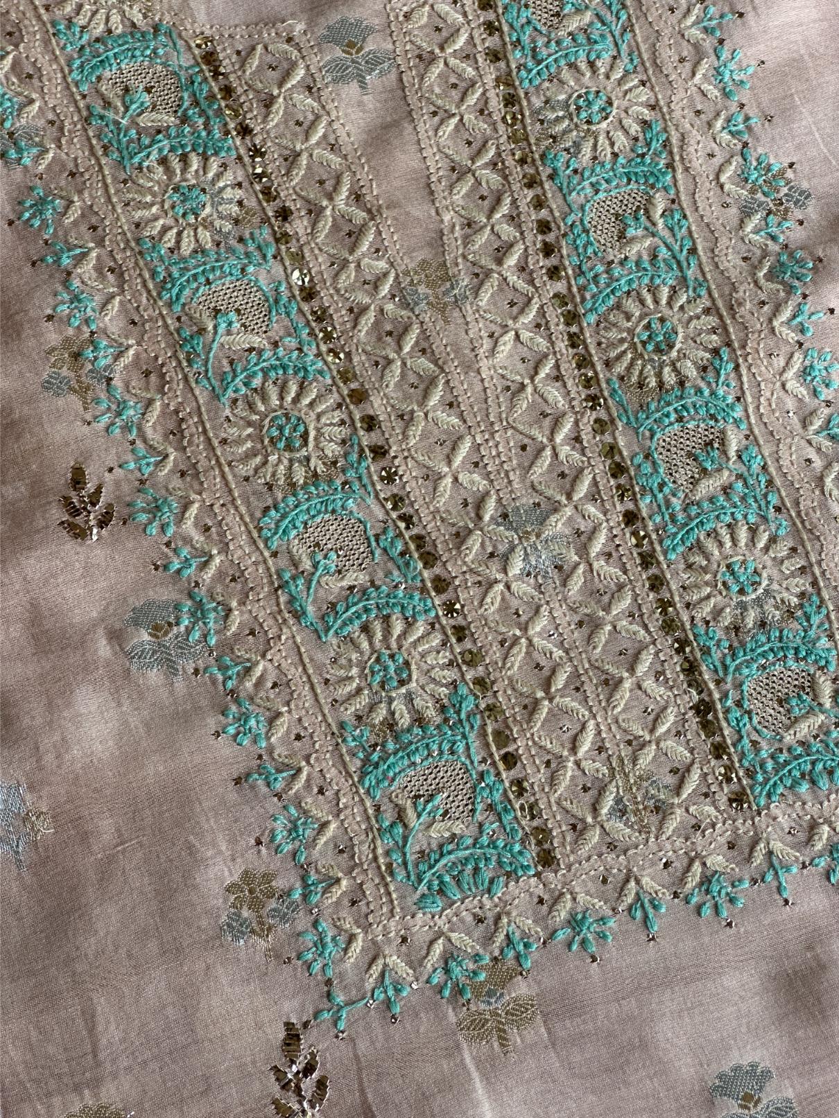 Pastel Pink Shade Zari Booti Fine Chikankari With Kamdani Work Unstitched Fabric