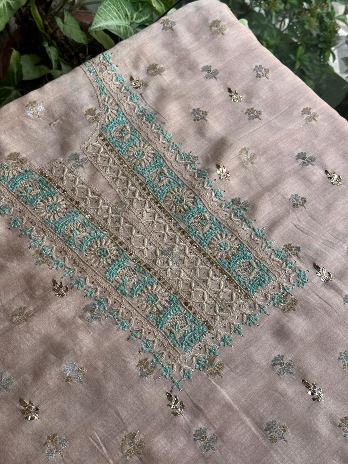 Pastel Pink Shade Zari Booti Fine Chikankari With Kamdani Work Unstitched Fabric